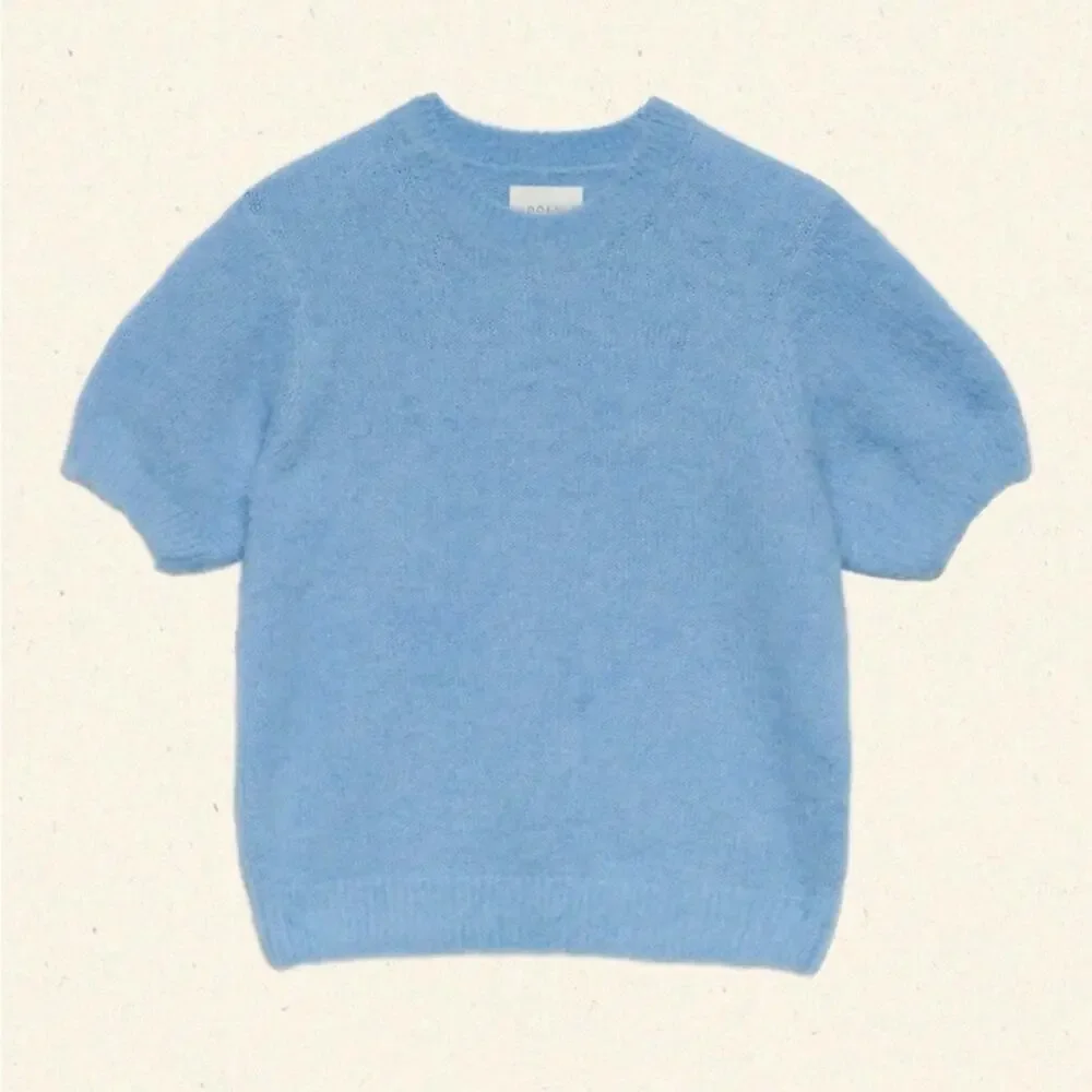 Doen Hearst Alpaca Wool Brushed Puff Short Sleeve Knit Sweater Top Seashore Blue